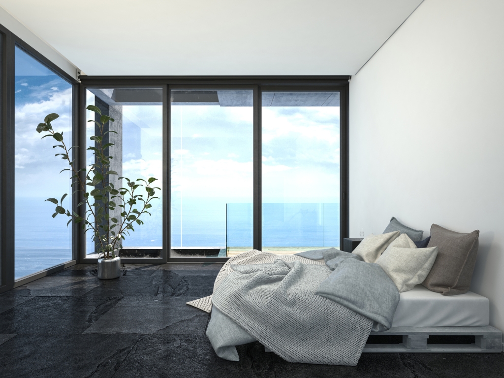 Dormitor Minimalist în Inima Orașului: Viziunea unui Penthouse Modern