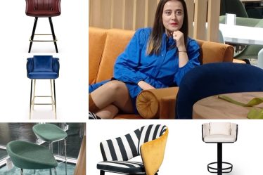 Colaj cu Alexa Rădulescu, owner Infinity for Home, și imagini cu diverse modele de scaune de bar pentru bucătării moderne, insule și baruri.
