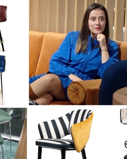 Colaj cu Alexa Rădulescu, owner Infinity for Home, și imagini cu diverse modele de scaune de bar pentru bucătării moderne, insule și baruri.